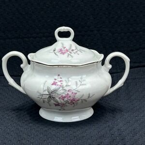 Karolina Poland Fine China Lidded Sugar‎ Bowl Pink Floral Silver Trim 3879